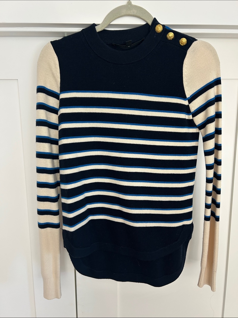 Veronica Beard Navy, Cream and Blue Striped Crewneck Sweater with Gold Buttons